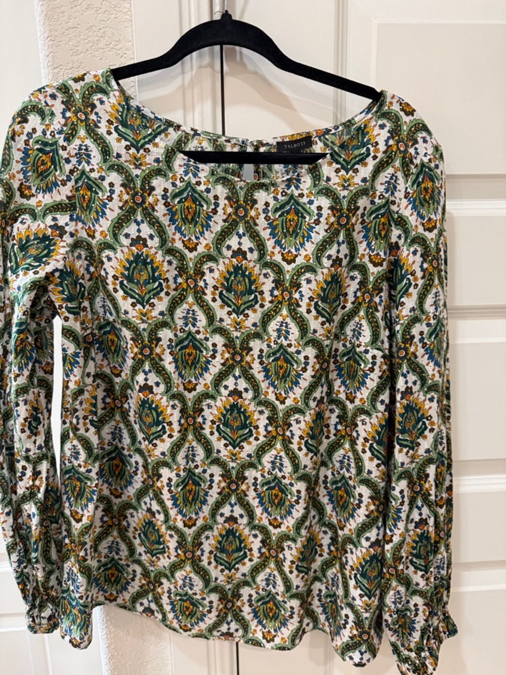 Talbots White Top with Green Floral Paisley Print